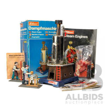 Vintage Wilesco Vertical Steam Engine with Carpenter Figures and Booklet in Original Box