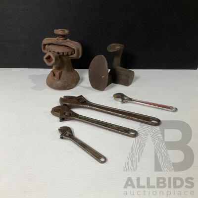 Four Vintage Adjustable Spanners Including Dowidat, Rothenberger, Deeland, Hazet with Cast Iron Cobblers Shoe Last and Winding Car Jack