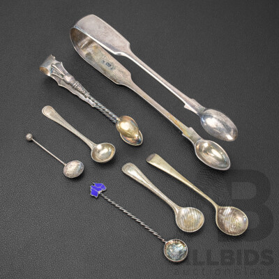 Two Sterling Silver Sugar Tongs, Two Silver Condiment Spoons Including Bespoke Australian 1921M Silver Threepence Spoon, Three Vintage Silver Plate Examples
