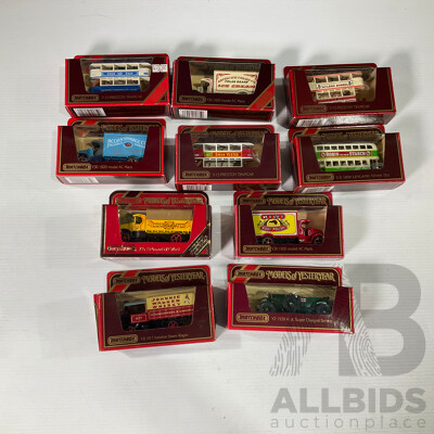 Ten Boxed Matchbox Models of Yesteryear Diecast Trucks and Buses Including 1920 AC Mack, 1917 Yorkshire Dampflastwagen, 1930 Bentley 4.5 Liter and More