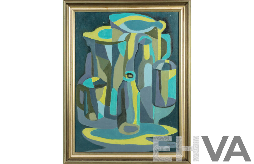 P.C. Perrin (20th Century, Australian), Jugs & Jars (1990), Mid-Century Style Original Oil on Canvas Board, 70 x 55 cm (frame)