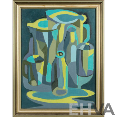 P.C. Perrin (20th Century, Australian), Jugs & Jars (1990), Mid-Century Style Original Oil on Canvas Board, 70 x 55 cm (frame)