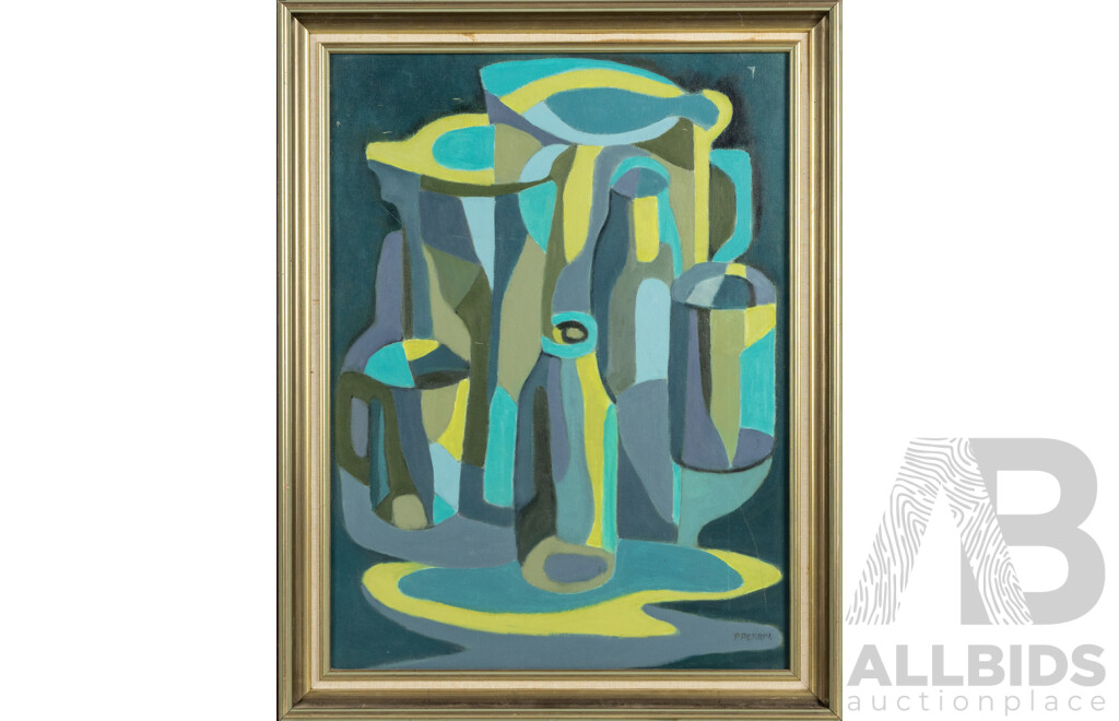 P.C. Perrin (20th Century, Australian), Jugs & Jars (1990), Mid-Century Style Original Oil on Canvas Board, 70 x 55 cm (frame)