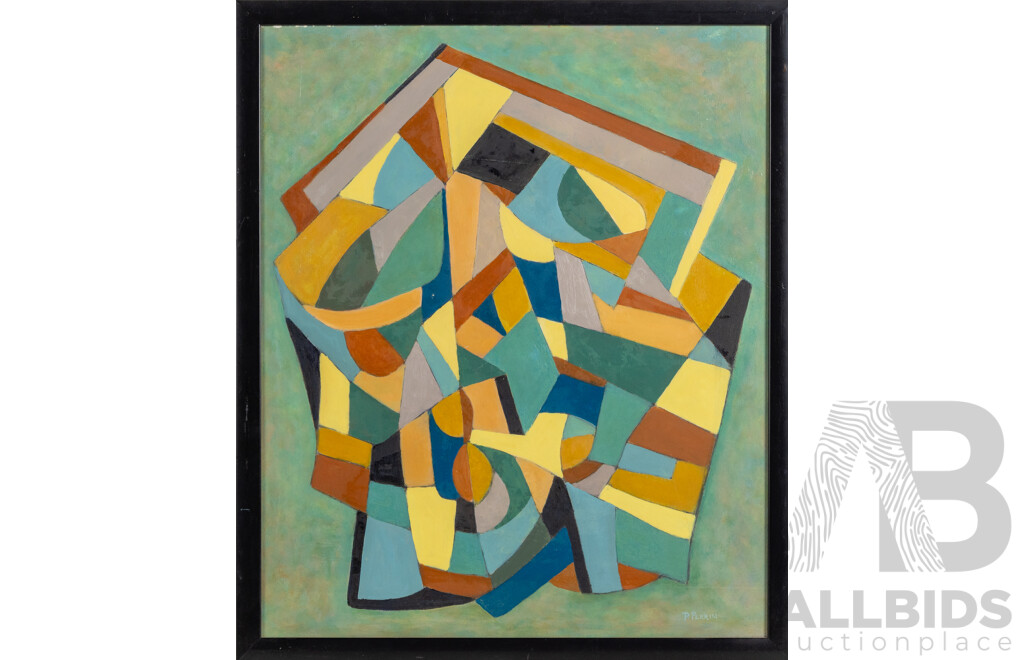P.C. Perrin (20th Century, Australian), Geometric Synchronicity, Mid-Century Original Oil on Masonite