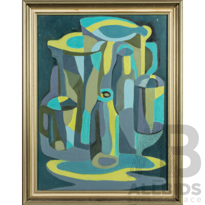 P.C. Perrin (20th Century, Australian), Jugs & Jars (1990), Mid-Century Style Original Oil on Canvas Board, 70 x 55 cm (frame)