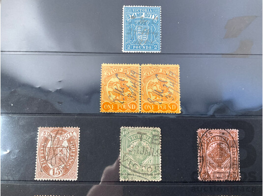 Collection of Australian Colonial and Early Decimal Stamps Including Victoria Stamp Duty Two Pound, St George One Pound Pair, Cattle Overprints, New South Wales QV Collection to Ten Shillings