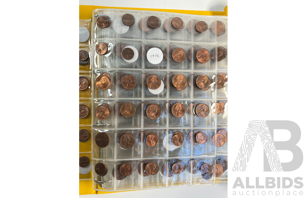 Album of Australian One and Two Cent Coins, Mostly UNC/High Grade, Examples Spanning 1966 to 1990