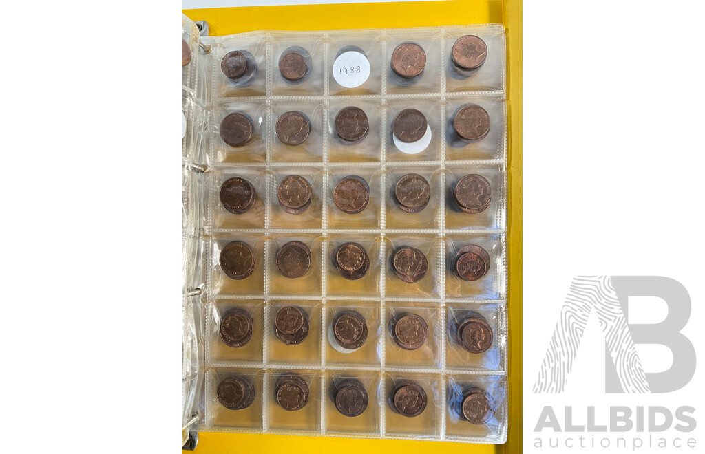 Album of Australian One and Two Cent Coins, Mostly UNC/High Grade, Examples Spanning 1966 to 1990