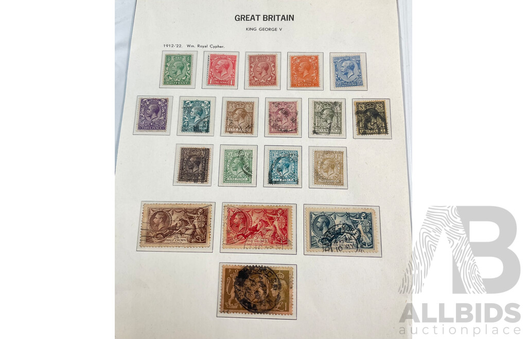 Collection of Great Britain KGV Stamps, Mint Hinged, Royal Cypher Water Marks