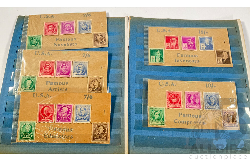 USA 1940's Mint Stamp Sets, Famous Inventors, Composers, Educators, Artists, Novelists