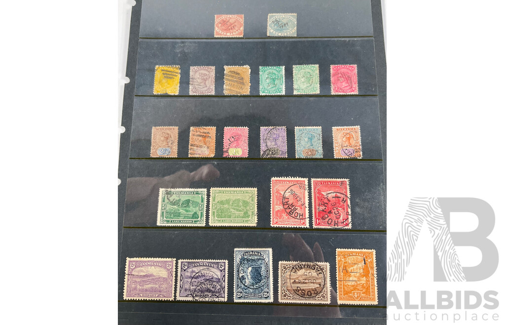 Australian Tasmania 1800's-1890's Stamps, QV, Platypus, Pictorial Series, Hand Cancels, Two Shilling, Sixpence