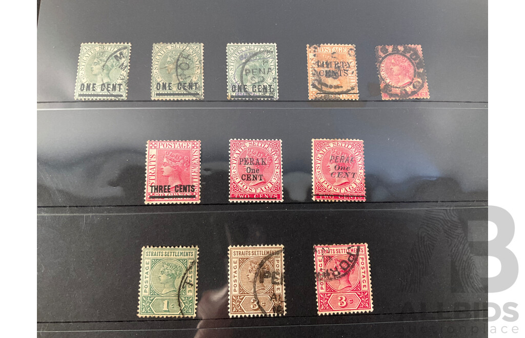 Collection of Great Britain and Territories Stamps Including Rare 1800's QV Straits Settlements Set, Barbados QV, 1900's Great Britain KGV Blocks to One Shilling, Cyprus and Dominica