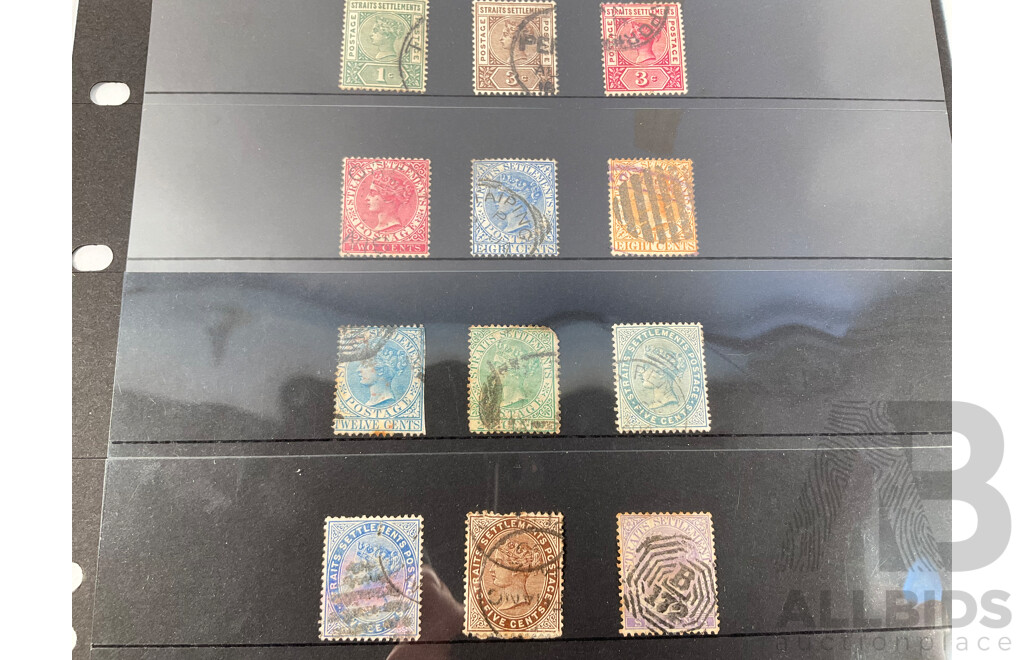 Collection of Great Britain and Territories Stamps Including Rare 1800's QV Straits Settlements Set, Barbados QV, 1900's Great Britain KGV Blocks to One Shilling, Cyprus and Dominica