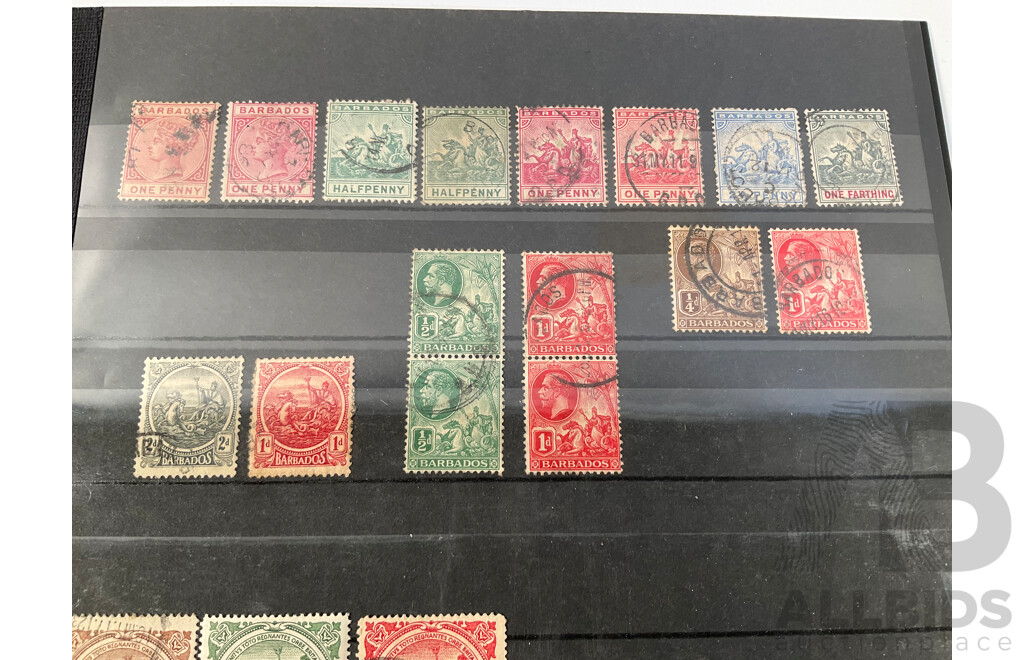 Collection of Great Britain and Territories Stamps Including Rare 1800's QV Straits Settlements Set, Barbados QV, 1900's Great Britain KGV Blocks to One Shilling, Cyprus and Dominica