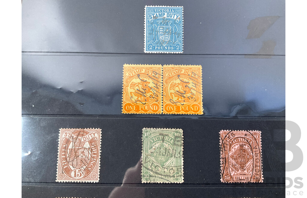 Collection of Australian Colonial and Early Decimal Stamps Including Victoria Stamp Duty Two Pound, St George One Pound Pair, Cattle Overprints, New South Wales QV Collection to Ten Shillings