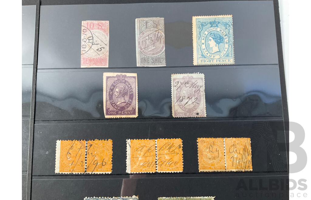 Collection of Australian Colonial and Early Decimal Stamps Including Victoria Stamp Duty Two Pound, St George One Pound Pair, Cattle Overprints, New South Wales QV Collection to Ten Shillings
