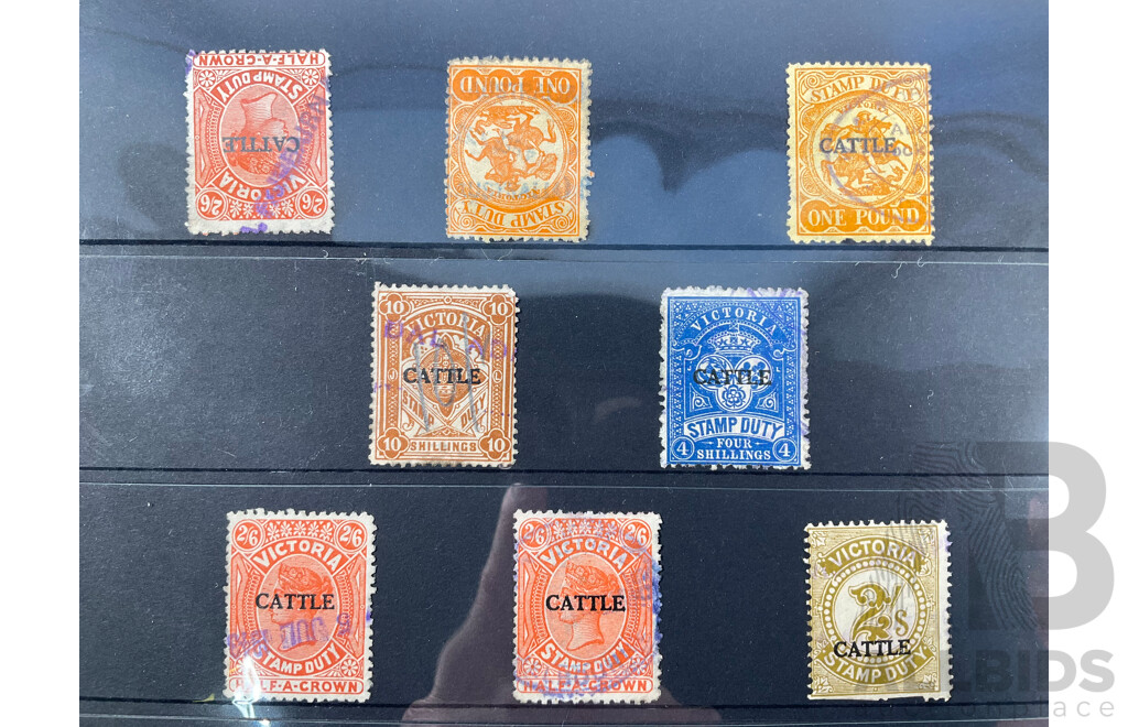 Collection of Australian Colonial and Early Decimal Stamps Including Victoria Stamp Duty Two Pound, St George One Pound Pair, Cattle Overprints, New South Wales QV Collection to Ten Shillings