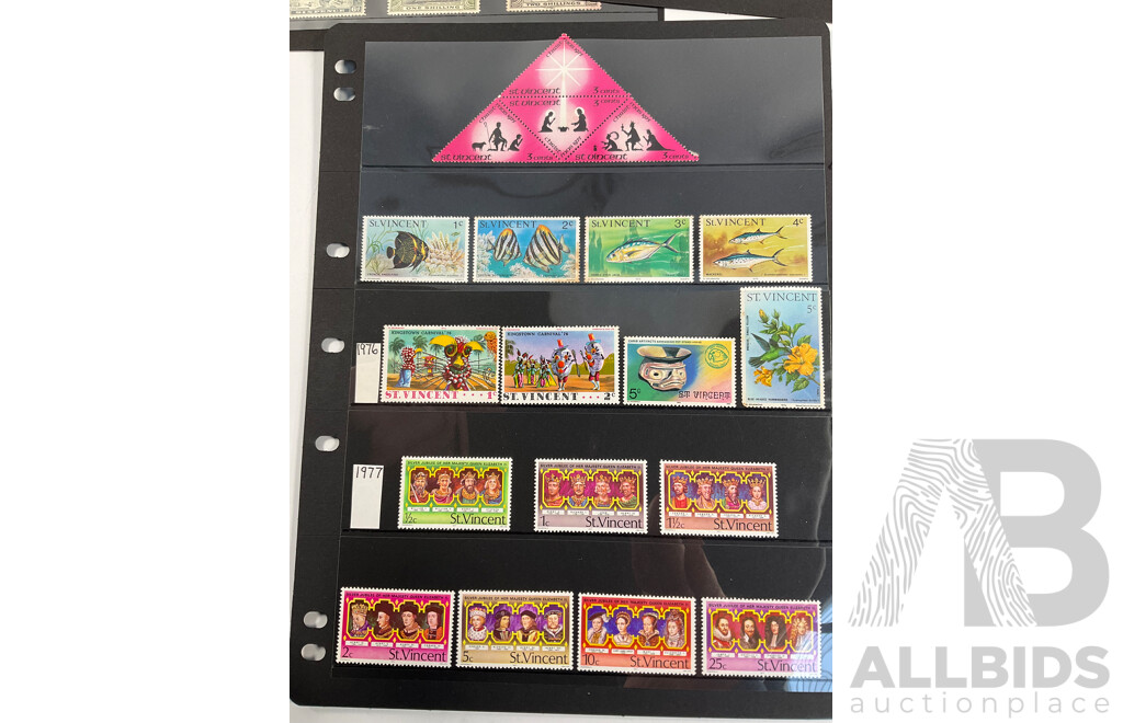 Collection of Great Britain and Territories Stamps Including Ceylon and India QV Overprints, Rhodesia Mint Sets, Sierra Leone KGV, KGVI, QE2, St Helena Mint Hinged, Kenya, St Vincent, Nevis, Anguilla, Barbados 'Seal of the Colony'