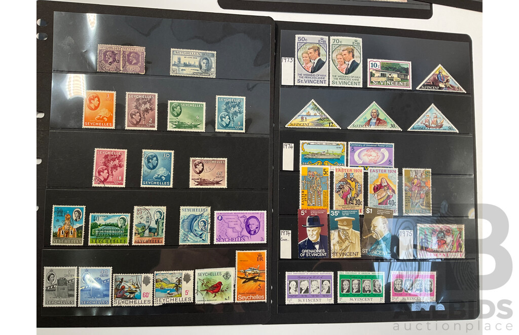 Collection of Great Britain and Territories Stamps Including Ceylon and India QV Overprints, Rhodesia Mint Sets, Sierra Leone KGV, KGVI, QE2, St Helena Mint Hinged, Kenya, St Vincent, Nevis, Anguilla, Barbados 'Seal of the Colony'