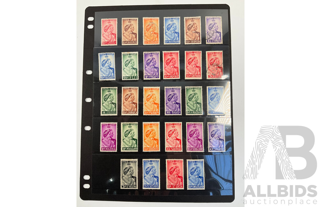Great Britain 1948 Royal Silver Wedding Omnibus Issues Including Mint Hinged, Aden Bahamas, Cyprus, Fiji, Malta, Jamaica and More