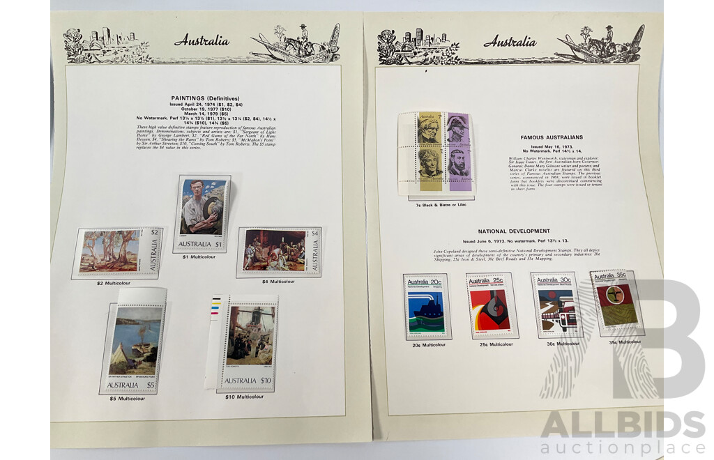 Australian Seven Seas Mostly Mint Stamps Spanning 1972 to 1974 Including Paintings Set One to Ten Dollars