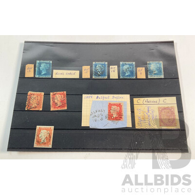 Collection of United Kingdom QV Stamps Including Penny Reds, Penny Blues, Maltese Cross, C Anchor Water Mark, Belfast Spoon Cancel