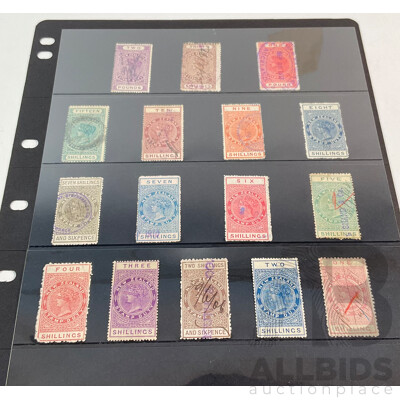 New Zealand 1800's QV Stamp Duty Stamps Including Hand Cancels, One Shilling to Two Pounds