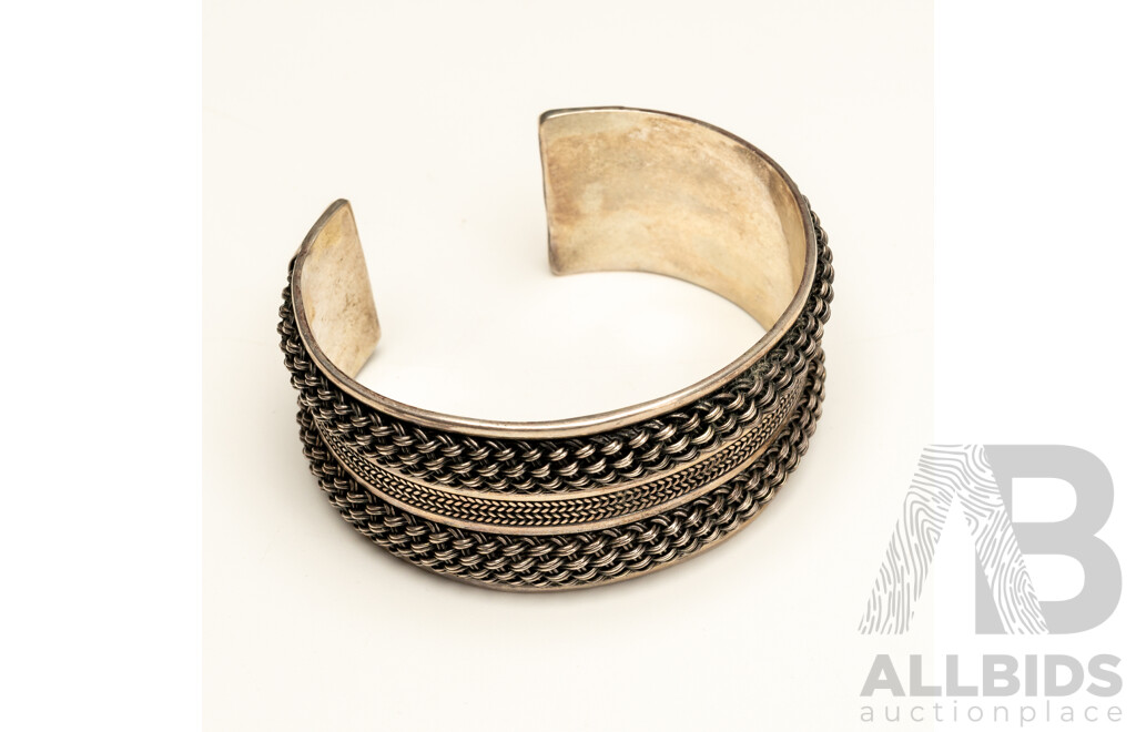 Vintage Sterling Silver Patterned Mesh Open Cuff Bangle, 60mm, 42.87 Grams