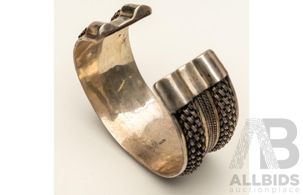 Vintage Sterling Silver Patterned Mesh Open Cuff Bangle, 60mm, 42.87 Grams