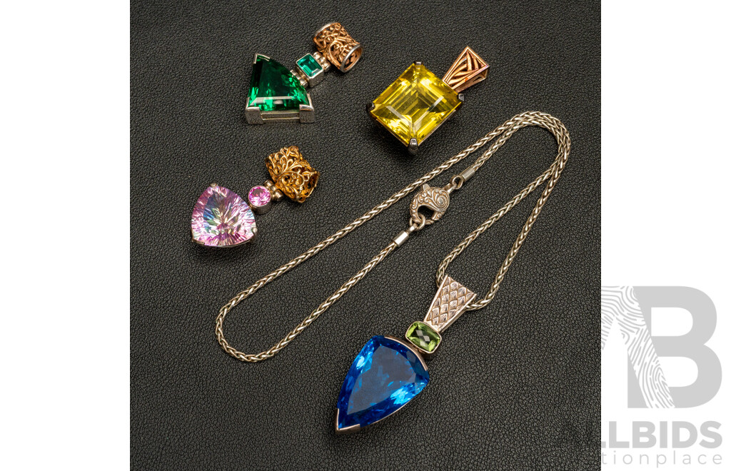 Ornate Designed (4) Silver Coloured Glass Paste Stone Pendants with Silver Rope Link Necklace, 45cm, 108.75 Grams