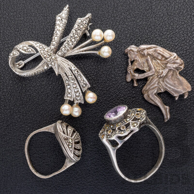 Sterling Silver (2) Vintage Marcasite Rings & (2) Vintage Sterling Sivler Brooches, 24.95 Grams