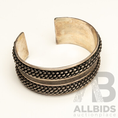 Vintage Sterling Silver Patterned Mesh Open Cuff Bangle, 60mm, 42.87 Grams