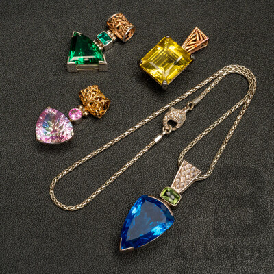 Ornate Designed (4) Silver Coloured Glass Paste Stone Pendants with Silver Rope Link Necklace, 45cm, 108.75 Grams