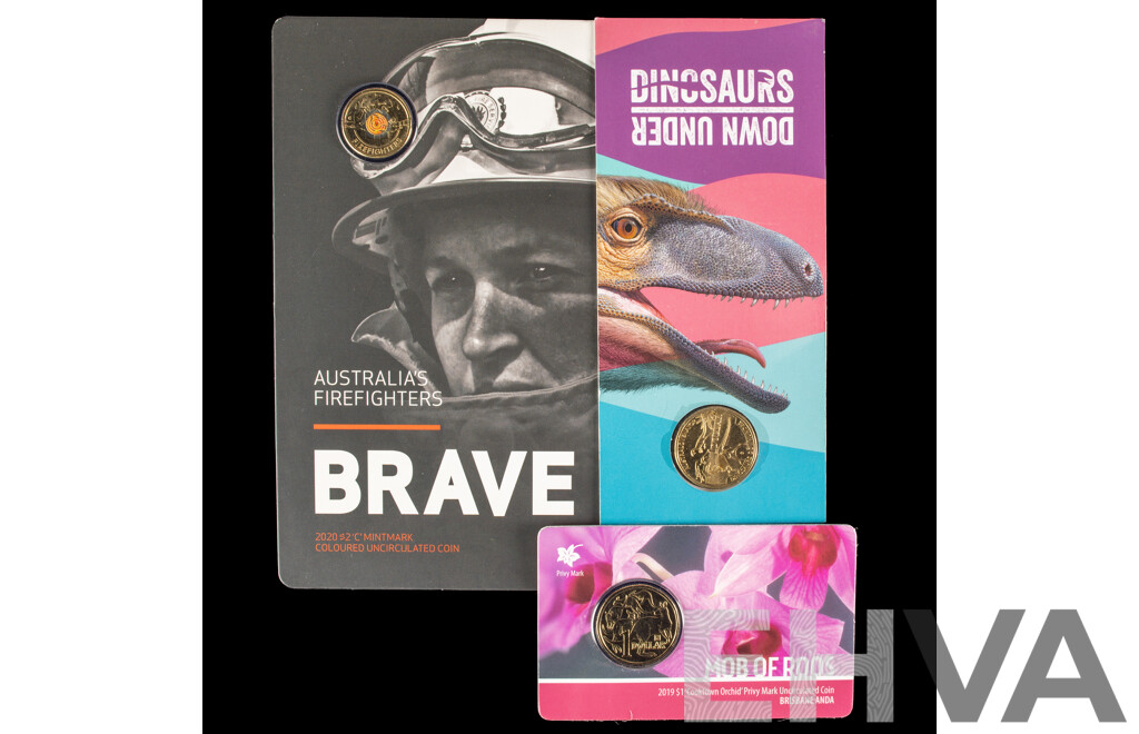 Australian RAM 2019 One Dollar, Mob of Roos Cooktown Orchid Privy Mark, 2022 Dinosaurs Down Under, 2020 Two Dollars, Australia's Firefighters