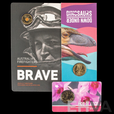 Australian RAM 2019 One Dollar, Mob of Roos Cooktown Orchid Privy Mark, 2022 Dinosaurs Down Under, 2020 Two Dollars, Australia's Firefighters