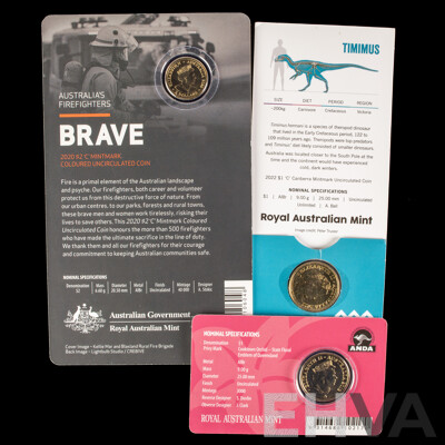 Australian RAM 2019 One Dollar, Mob of Roos Cooktown Orchid Privy Mark, 2022 Dinosaurs Down Under, 2020 Two Dollars, Australia's Firefighters