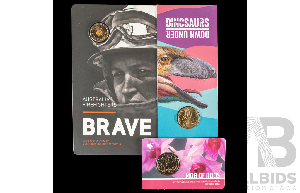 Australian RAM 2019 One Dollar, Mob of Roos Cooktown Orchid Privy Mark, 2022 Dinosaurs Down Under, 2020 Two Dollars, Australia's Firefighters