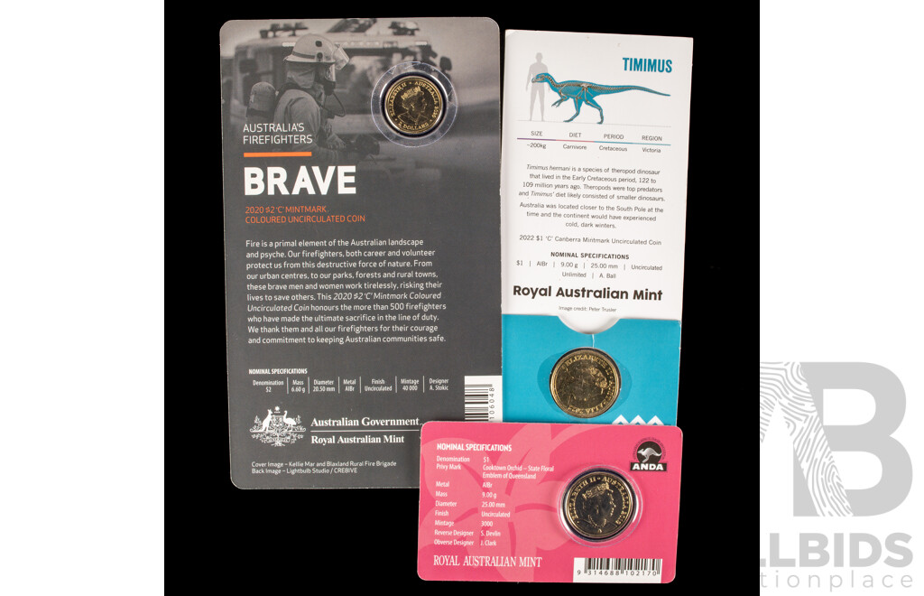 Australian RAM 2019 One Dollar, Mob of Roos Cooktown Orchid Privy Mark, 2022 Dinosaurs Down Under, 2020 Two Dollars, Australia's Firefighters