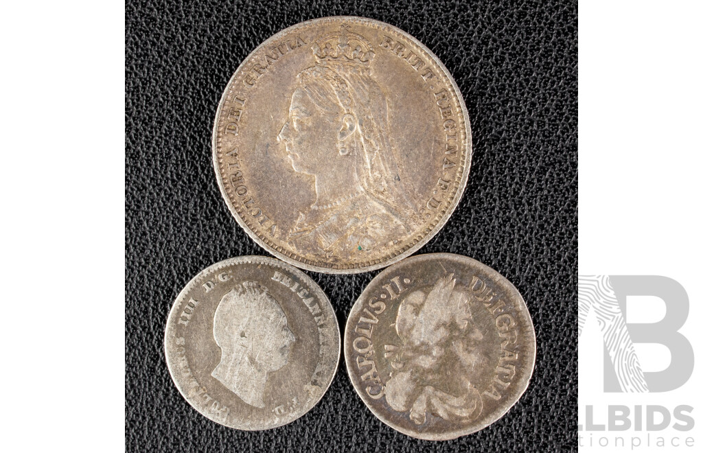 Great Britain 1679 KCII Silver Threepence, 1836 KWIV Silver Fourpence, 1890 QV Silver Shilling .925