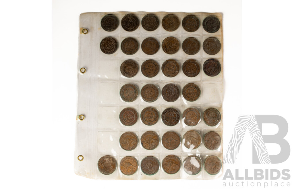 Collection of Australian Pennies, Consecutive 1911 to 1924, 1926 to 1929, 1932 to 1936, 1938 to 1945, 1947 to 1953, 1955 to 1964
