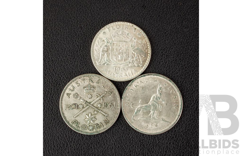 Three Australian Silver Florins Including 1951 Federation, 1954 Royal Visit, 1963  .500