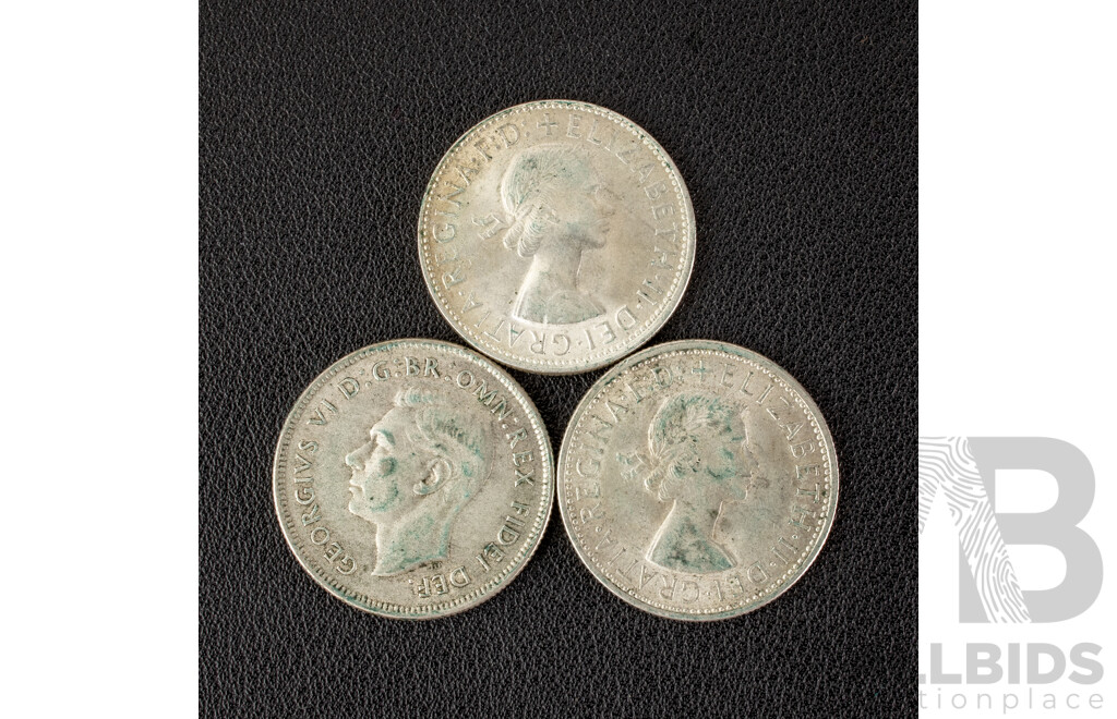 Three Australian Silver Florins Including 1951 Federation, 1954 Royal Visit, 1963  .500
