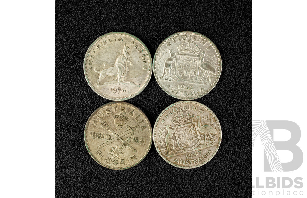 Four Australian Silver Florins Including 1951 Federation, 1954 Royal Visit, 1947, 1963  .500