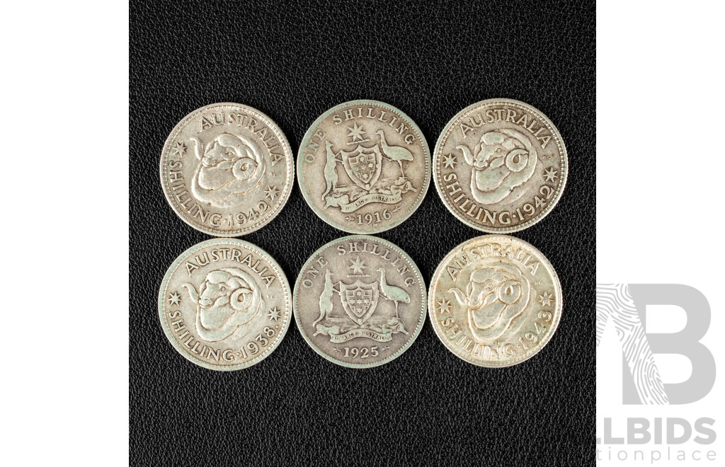 Six Australian Silver Shilling Including 1916M, 1925, 1938, 1942(2) 1943