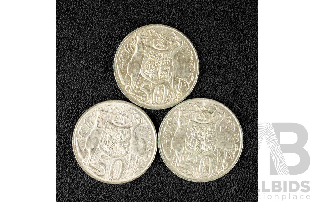 Three Australian 1966 Round Silver Fifty Cent Coins .800