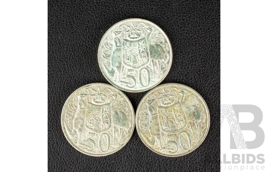 Three Australian 1966 Round Silver Fifty Cent Coins .800