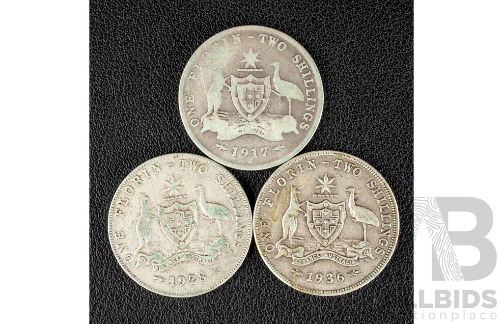Three Australian KGV Silver Florins Including 1917M, 1928, 1936  .925