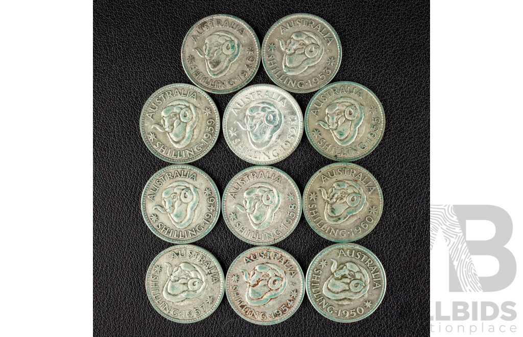 Eleven Australian KGVI/QE2 Silver Shillings Including 1946(2), 1950, 1952, 1953, 1954, 1955, 1957, 1958, 1959, 1960  .500