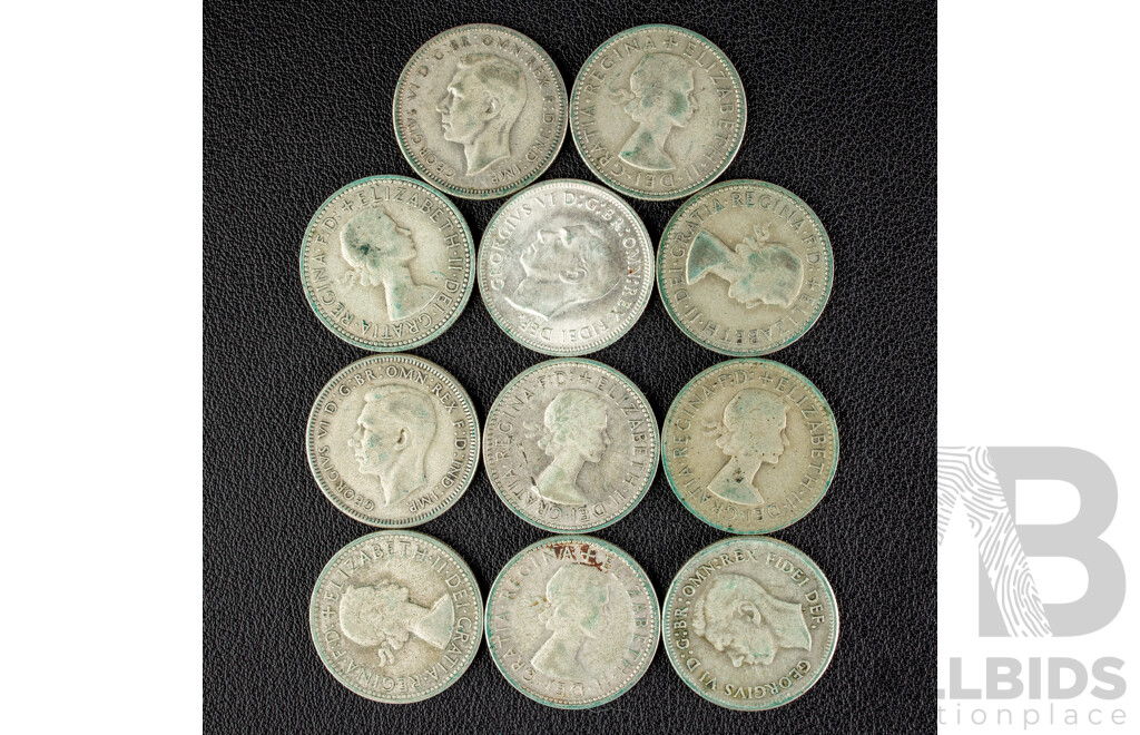Eleven Australian KGVI/QE2 Silver Shillings Including 1946(2), 1950, 1952, 1953, 1954, 1955, 1957, 1958, 1959, 1960  .500