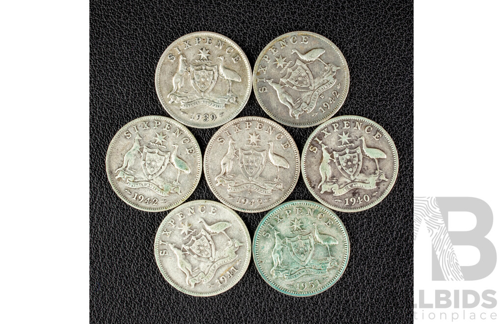 Seven Australian KGVI Silver Sixpence Including 1939, 1940, 1941, 1942, 1942D, 1942S, 1951
